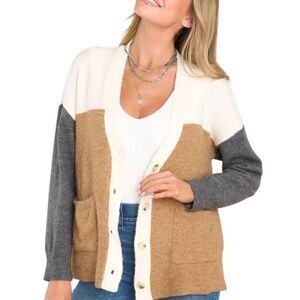 RED DRESS BOUTIQUE COZY COFFEE SHOP CARDIGAN GRAY, TAN, & CREAM SZ.M EUC.  WORN